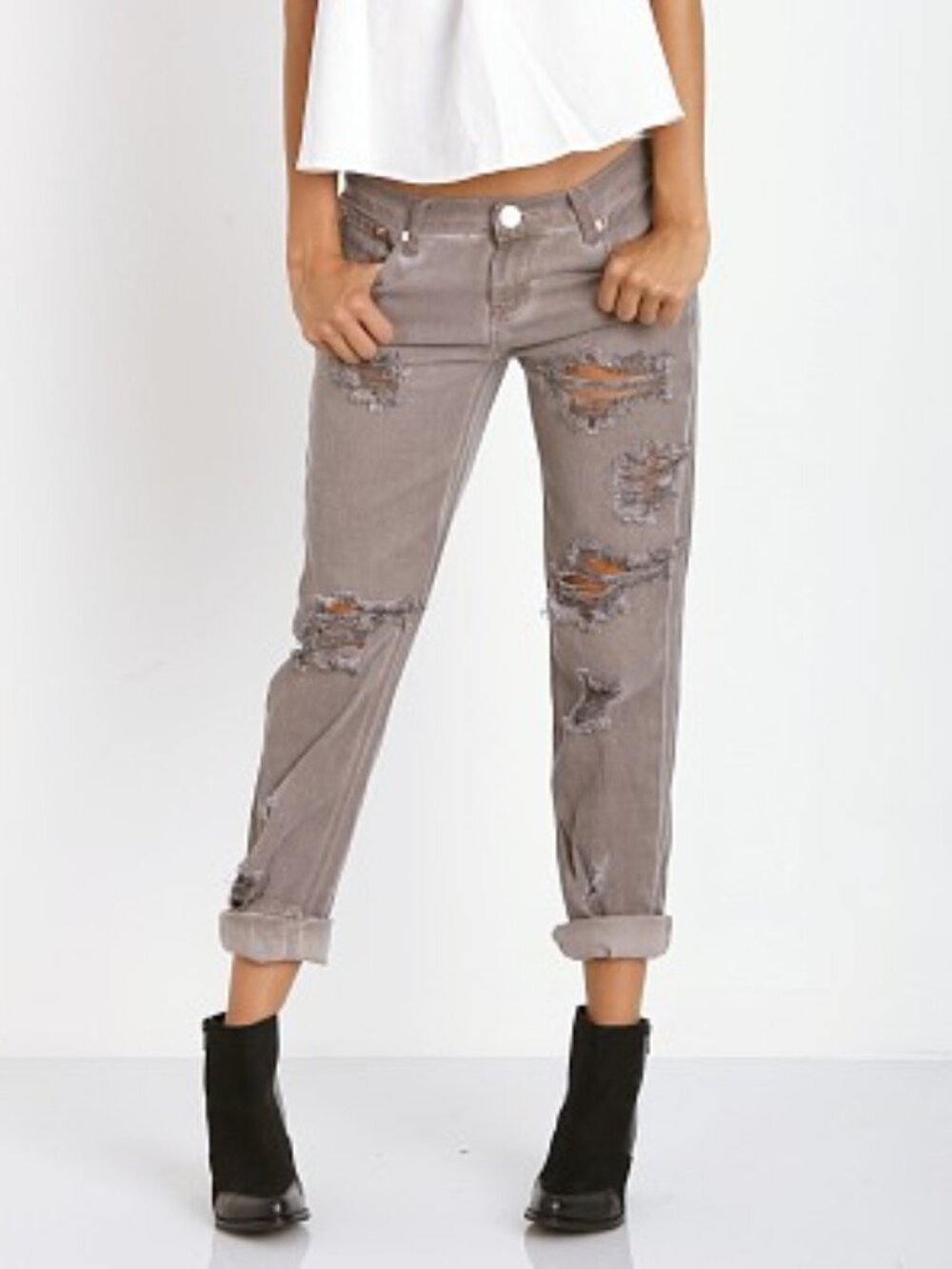One Teaspoon Gray Distressed Boyfriend Jeans, Size 26/27/28